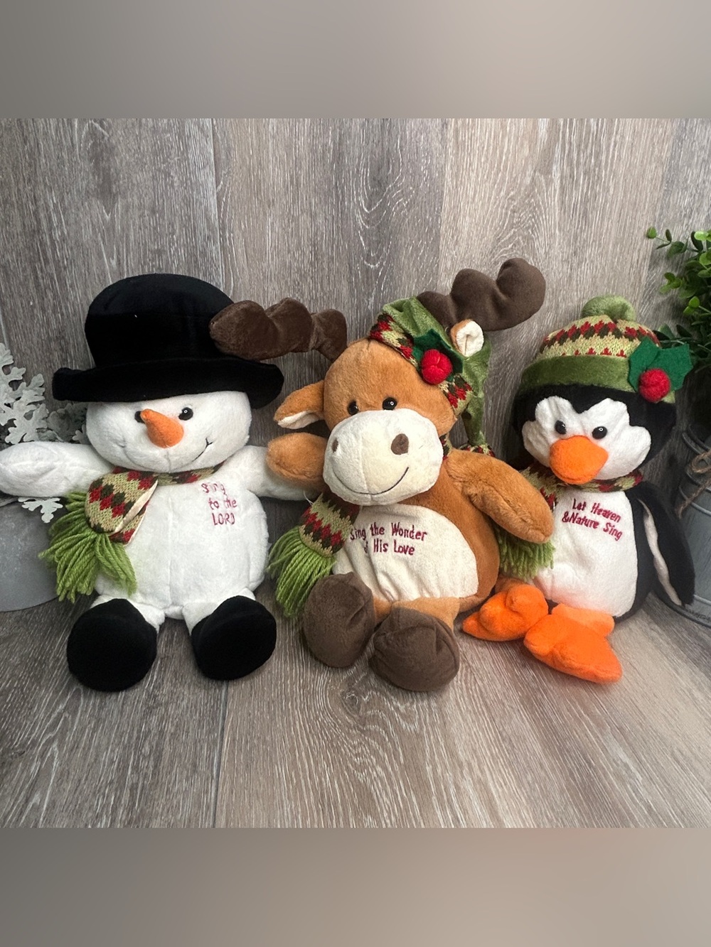 Set of 3 Goffa Christmas Plush Snowman Reindeer Penguin Religious Embroidered